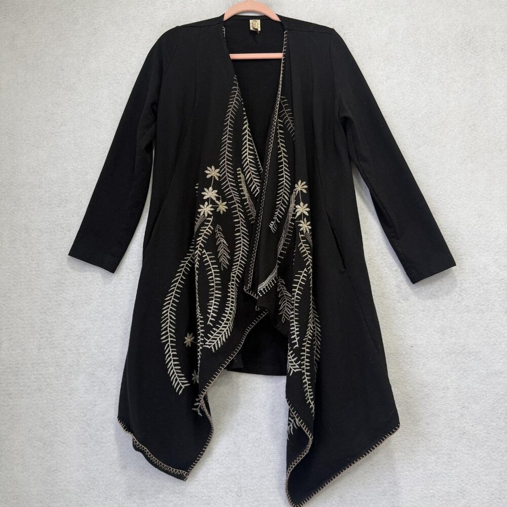 XCVI Cardigan Sweater Womens Medium Black Embroidered Open Front Knit Boho